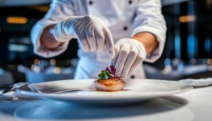 A chef in gloves placing a final touch on a dish of seared scallops, with the elegant dining room of the luxurious restaurant visible through glass walls.