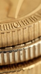 Close-up of coin edge. serrations and detailed texture pattern of golden coins in macro view