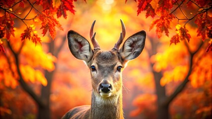 Poster - A young buck with velvety antlers stands in a vibrant autumnal forest, his large ears perked up, and deep blue eyes gazing intently into the camera, surrounded by fiery hues of red and gold.