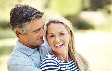 Canvas Print - Happy, hug and portrait of mature couple in nature at park for bonding, marriage and connection in morning. Outdoor, smile and man and woman embracing in garden for romance on date with love together