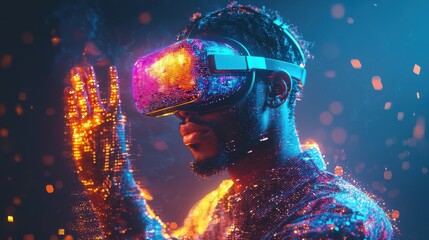 Waist-up portrait of a man immersed in virtual reality with colorful neon lights surrounding him, using a wireless VR headset