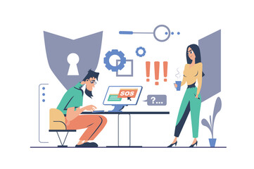 Poster - Cyber security concept in modern flat cartoon design for web. Man and woman working in team, protecting clients personal information and shield privacy network with online secure. Vector illustration.