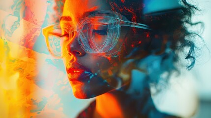 Wall Mural - Profile portrait of a person with glasses and abstract technology elements blending with vibrant colors and digital patterns