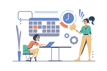Poster - Deadline concept in modern flat cartoon design for web. Stressed woman doing paperwork at laptop in office, nervous manager alarming and hurry on, deadline rushing on workplace. Vector illustration.