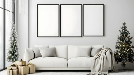 Wall Mural - Christmas mockup frame,mockup posters in living room Christmas interior.