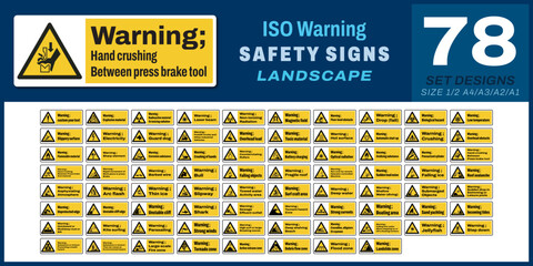 78 set ISO warning safety signs v30_hand crushing between press brake tool_landscape size 1/2 a4,a3,a2,a1	
