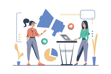Aufkleber - Marketing concept in modern flat cartoon design for web. Women work in team, discussing and brainstorming, creating promotion strategy for business, starting advertising campaign. Vector illustration.