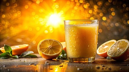 Wall Mural - A Refreshing Glass of Citrus Juice with Slices of Fruit on a Table with a Glowing Background