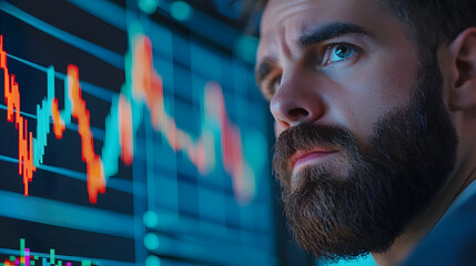 A focused man analyzes financial data displayed on a digital screen, emphasizing stock market trends and analytics.