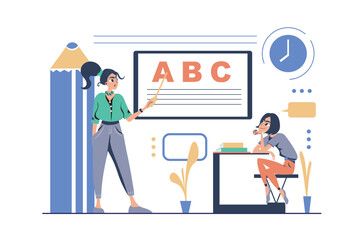 Aufkleber - School children concept in modern flat cartoon design for web. Teenage student listening teacher and sitting in classroom art lesson, learning alphabet and other, doing homework. Vector illustration.