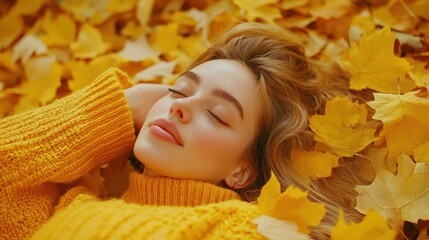 Poster - Woman laying in field of yellow leaves wearing cozy yellow sweater