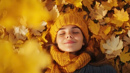 Poster - Woman laying on yellow leaves creating peaceful autumn scene