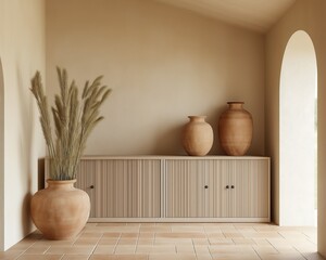 Wall Mural - Elegant living room with fluted wooden cabinets and striking ceramic vases, showcasing Mediterranean charm and warm tones