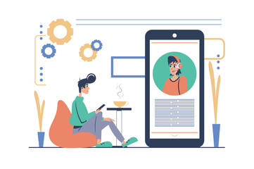 Aufkleber - Virtual assistant concept in modern flat cartoon design for web. Man chatting online in app with digital adviser or chatbot for getting information and solving technical problems. Vector illustration.