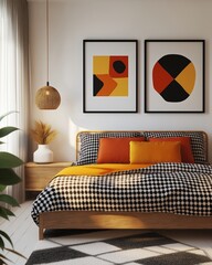 Wall Mural - A stylish retro bedroom showcasing checkerboard cushions, bold geometric art, and elegant rattan furniture in a warm atmosphere