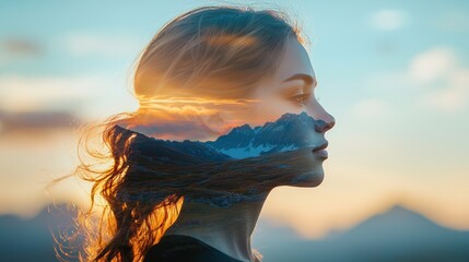 Artistic double exposure portrait of a serene woman with flowing hair merging with a scenic landscape under a warm sunset sky