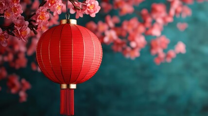 ornate chinese new year decorations with lanterns, flowers, and banners displaying auspicious symbol