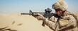 © Emma - Soldier in desert gear holding rifle, focused expression as sand blows around, hot sun casting long shadows, combat focus, preparedness and resolve in challenging conditions