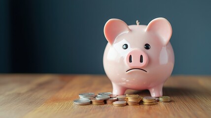 A piggy bank with a sad expression sits on a table, surrounded by scattered coins, symbolizing financial concerns or saving challenges.