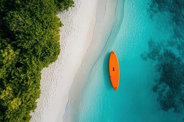 Poster - Tropical beach with an orange kayak on clear turquoise water, surrounded by lush green foliage, creating a serene and inviting atmosphere in a tropical paradise