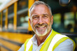 © Jean van der Meulen - Close-up environmental portrait of a friendly school bus driver standing in front of a yellow school bus outdoors.