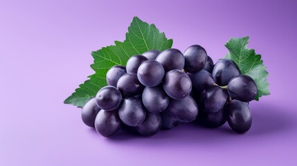 Exquisite Black Wine Grape and Kyoho Grape with Leaves, Isolated on a Regal Purple Background (