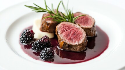 A plate of meat with blackberry sauce and a sprig of rosemary.