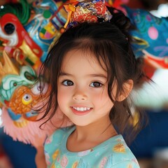 Smiling Asian Child Embracing Koinobori Flag Decoration