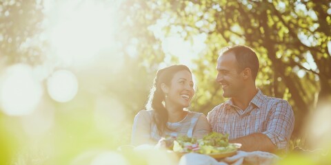 a happy middle-aged couple shares a moment of joy while enjoying a fresh salad outdoors.