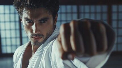 Wall Mural - A man in a white karate uniform throws a punch.