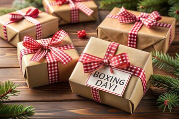 Wall Mural - boxing day gifts with brown wrapping and red ribbon close-up