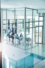 Wall Mural - Meeting, glass and business people in office for financial review, teamwork or collaboration. Corporate, company and men and women in boardroom for feedback, statistics or discussion for presentation