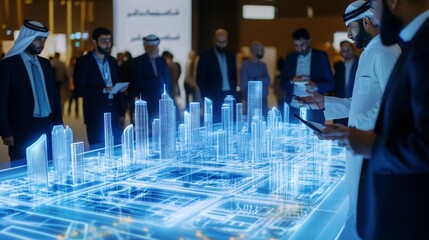 Aufkleber - Several men in suits and traditional clothing are standing around a large table that features a digital model of a city. They are looking at the model, some of them holding tablets