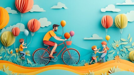 Wall Mural - vibrant paper cut style illustration for a happy father's day card featuring a handsome man bicyclin