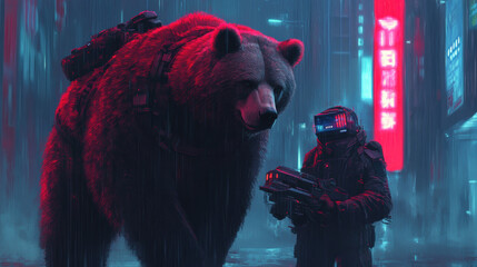 A bear and a man are standing in front of a neon sign