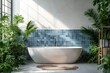 © Aliaksandra - spa-inspired bathroom, the peaceful atmosphere in a bathroom with white and blue tiles, minimalist decor, and vibrant green plants