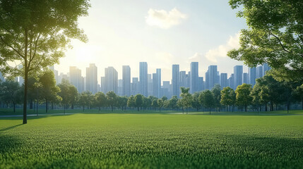 Park lawn lawn and city skyline beyond, green city

