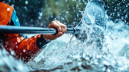 A man paddles a kayak through white water rapids.