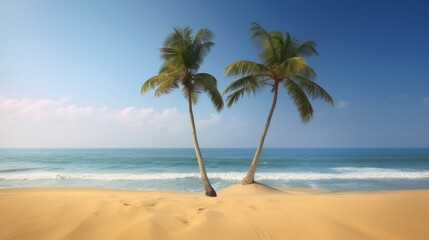 Two palm trees on a sandy beach with a blue ocean and sky in the background.