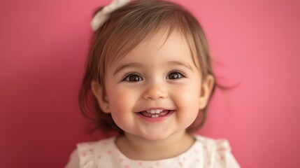 A baby girl with blond hair smiles at the camera.