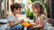 © sirisakboakaew - Small acts of kindness, showing a child sharing their lunch with a friend who forgot theirs, reflecting the importance of caring and sharing