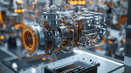 An engineering designer utilizes 3D CAD software to create a digital model of an industrial engine, displayed on a computer screen in a manufacturing factory setting, showcasing advanced mechanical de
