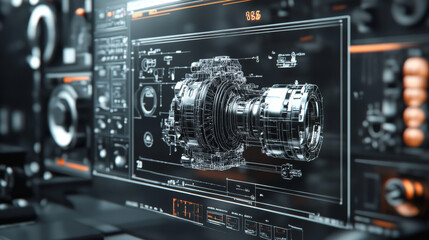 An engineering designer utilizes 3D CAD software to create a digital model of an industrial engine, displayed on a computer screen in a manufacturing factory setting, showcasing advanced mechanical de