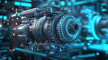 An engineering designer utilizes 3D CAD software to create a digital model of an industrial engine, displayed on a computer screen in a manufacturing factory setting, showcasing advanced mechanical de