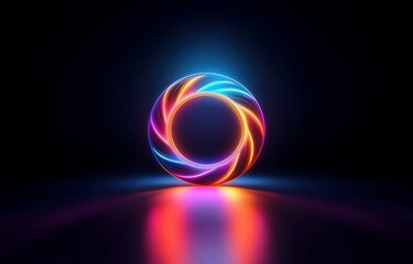 Canvas Print - a colorful neon circle glows in the dark, creating a vivid reflection on the surface below.