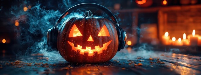 Wall Mural - Halloween pumpkin with headphones on a wooden table against a dark background, with candles and smoke. Halloween party concept 