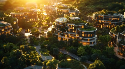 Poster - The vibrant sunset casts a warm glow over a series of modern, eco-friendly buildings nestled among dense trees. This residential area showcases innovative architecture harmonizing with nature.
