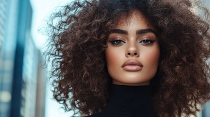 A striking woman with voluminous curly hair poses confidently against an urban backdrop, exuding strength and elegance. Her expression enhances the city's vibrant energy.