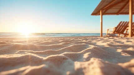 Sunlit sandy beach stretches to a shimmering ocean, framed by a wooden canopy, capturing the serene beauty of a summer afternoon seaside landscape.