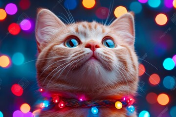 Close up of a cat looking up with wide eyes in front of festive bokeh lights conveying wonder curiosity and the magic of the holiday season in a joyful colorful setting